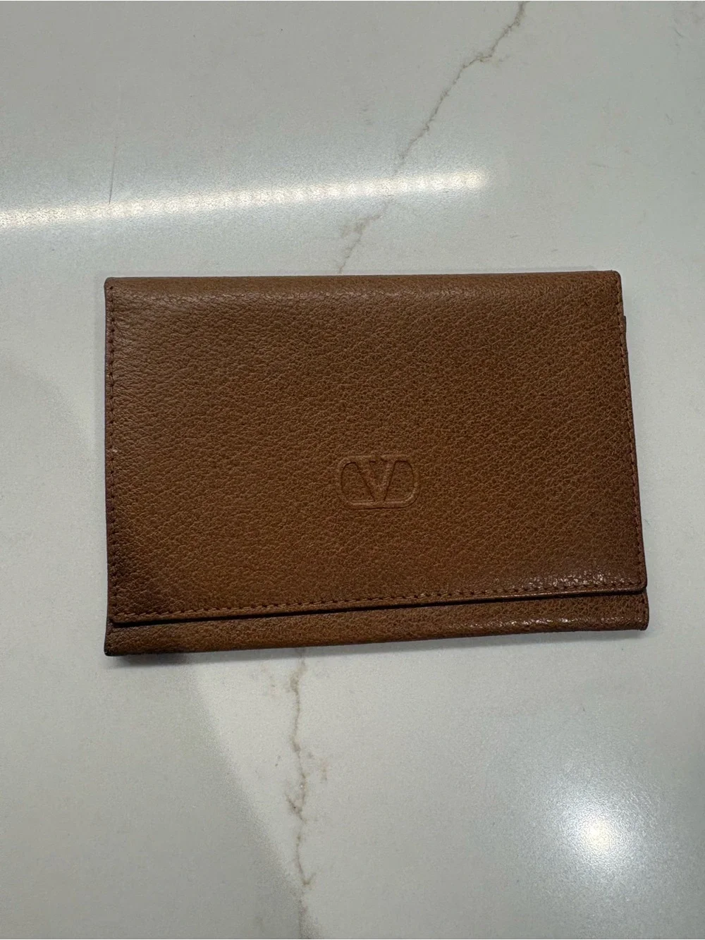 Valentino Garavani Brown Pebbled Leather Card Holder with Embossed V Logo